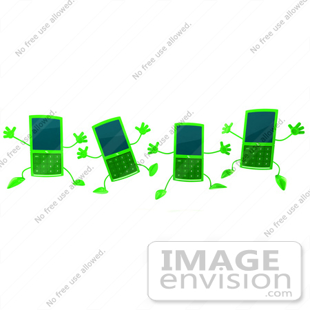#44306 Royalty-Free (RF) Illustration of Four 3d Slim Green Cellphone Mascots Jumping by Julos