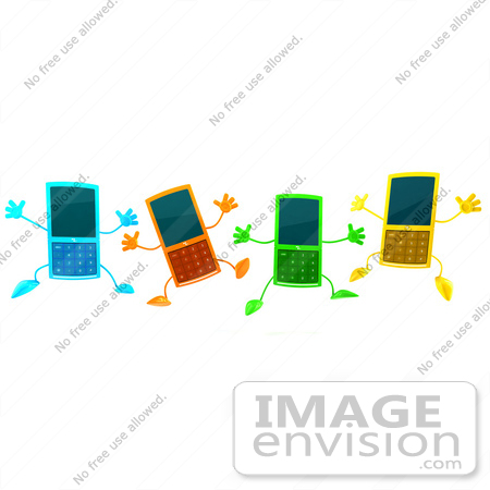 #44307 Royalty-Free (RF) Illustration of Four 3d Slim Blue, Orange, Green And Yellow Cellphone Mascots Jumping by Julos