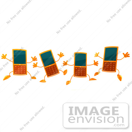 #44308 Royalty-Free (RF) Illustration of Four 3d Slim Orange Cellphone Mascots Jumping by Julos
