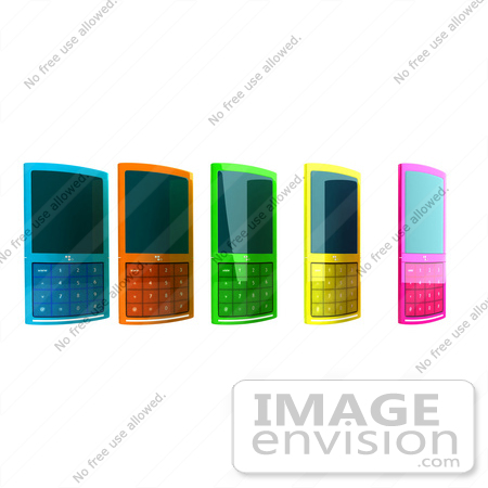 #44310 Royalty-Free (RF) Clipart Illustration of Five Colorful 3d Cellphones in a Row - Version 1 by Julos