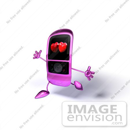 #44321 Royalty-Free (RF) Illustration of a Happy Pink MP3 Player With Hearts On The Screen, Running With Its Arms Open by Julos