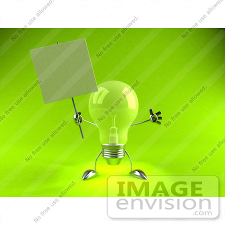 #44334 Royalty-Free (RF) Illustration of a Green 3d Incandescent Light Bulb Mascot Holding A Blank Sign On A Post - Version 4 by Julos