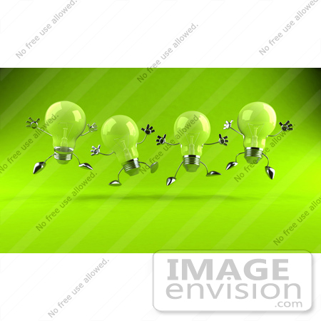 #44336 Royalty-Free (RF) Illustration of a Row Of Green 3d Incandescent Light Bulb Mascots Leaping - Version 1 by Julos
