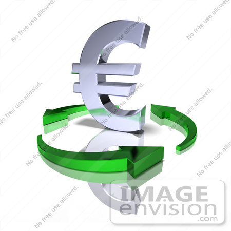 #44339 Royalty-Free (RF) Illustration of a 3d Chrome Euro Sign Being Circled By Arrows - Version 1 by Julos