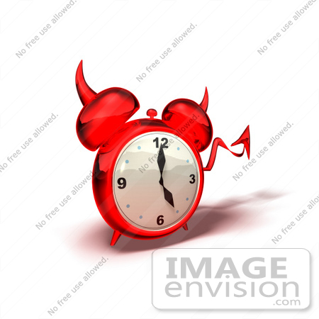 #44342 Royalty-Free (RF) Illustration of a 3d Devil Red Alarm Clock With A Forked Tail - Version 1 by Julos