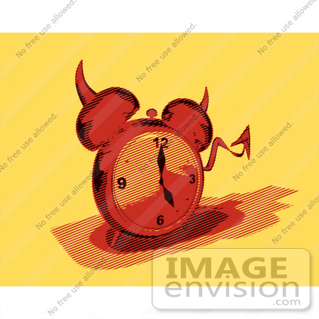 #44349 Royalty-Free (RF) Retro Illustration of a Devil Red Alarm Clock With A Forked Tail - Version 6 by Julos