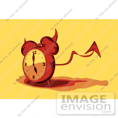 #44350 Royalty-Free (RF) Retro Illustration of a Devil Red Alarm Clock With A Forked Tail - Version 7 by Julos
