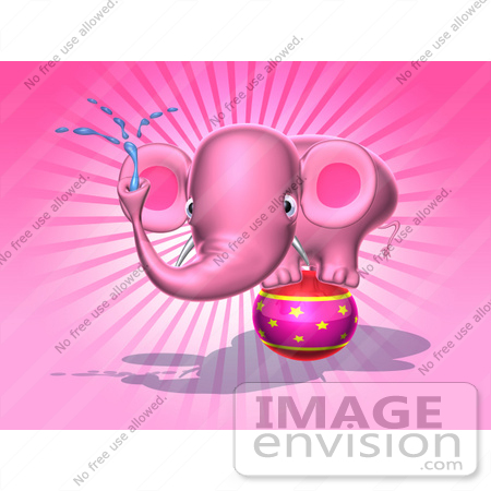 #44365 Royalty-Free (RF) Illustration of a 3d Pink Elephant Mascot Standing On A Circus Ball And Spraying Water - Pose 3 by Julos