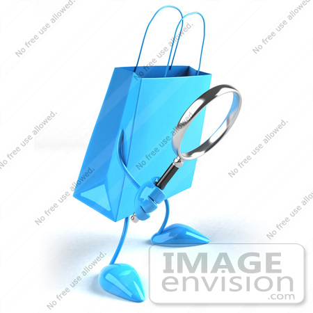 #44394 Royalty-Free (RF) Illustration of a 3d Blue Shopping Bag Mascot Using A Magnifying Glass by Julos
