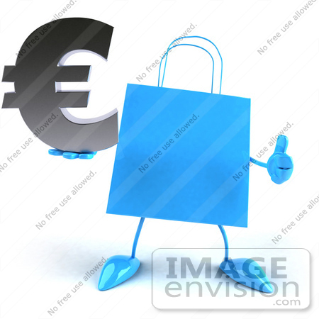 #44395 Royalty-Free (RF) Illustration of a Blue 3d Shopping Bag Mascot With Arms And Legs, Holding A Euro Symbol - Pose 3 by Julos