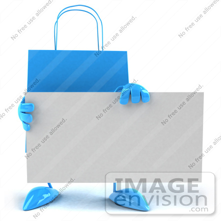 #44398 Royalty-Free (RF) Illustration of a 3d Blue Shopping Bag Mascot Holding A Blank Business Card by Julos