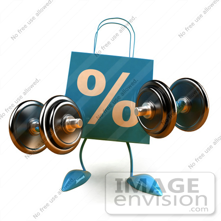 #44399 Royalty-Free (RF) Illustration of a 3d Blue Percent Shopping Bag Mascot Lifting Weights by Julos