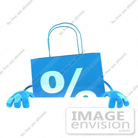 #44401 Royalty-Free (RF) Illustration of a 3d Blue Shopping Bag Mascot Standing Behind And Holding Up A Blank Sign by Julos