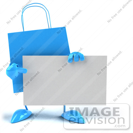 #44402 Royalty-Free (RF) Illustration of a 3d Blue Shopping Bag Mascot Holding And Pointing To A Blank Business Card by Julos