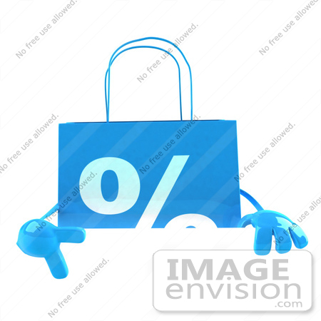#44404 Royalty-Free (RF) Illustration of a 3d Blue Percent Shopping Bag Mascot Pointing To And Standing Behind A Blank Sign by Julos