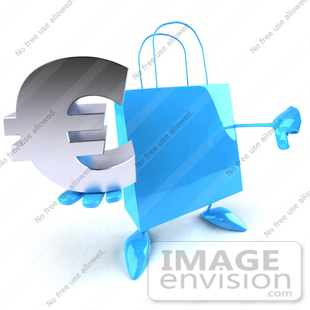 #44407 Royalty-Free (RF) Illustration of a Blue 3d Shopping Bag Mascot With Arms And Legs, Holding A Euro Symbol - Pose 1 by Julos
