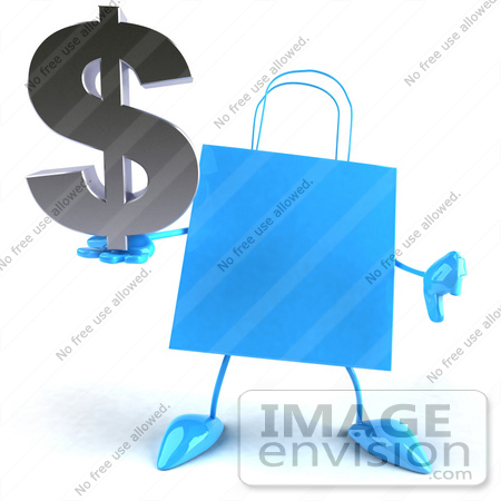 #44408 Royalty-Free (RF) Illustration of a Blue 3d Shopping Bag Mascot With Arms And Legs, Holding A Dollar Symbol - Pose 4 by Julos