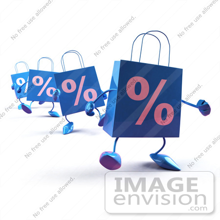 #44409 Royalty-Free (RF) Illustration of 3d Blue Percent Shopping Bag Mascots Walking Forward by Julos