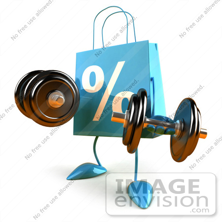 #44411 Royalty-Free (RF) Illustration of a 3d Blue Percent Shopping Bag Mascot Holding Weights by Julos