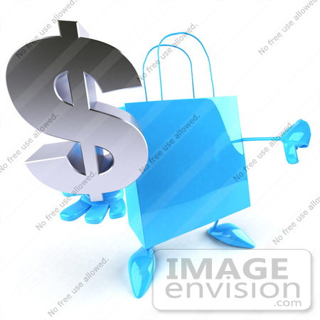 #44412 Royalty-Free (RF) Illustration of a Blue 3d Shopping Bag Mascot With Arms And Legs, Holding A Dollar Symbol - Pose 1 by Julos