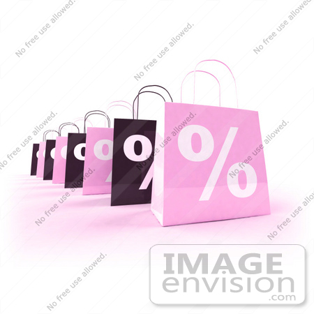 #44417 Royalty-Free (RF) Illustration of a Row Of 3d Pink And Black Percent Sign Shopping Bags by Julos
