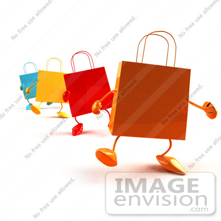 #44420 Royalty-Free (RF) Illustration of a 3d Line Of Colorful Shopping Bags Waddling Forward - Version 1 by Julos