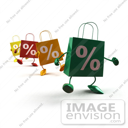 #44421 Royalty-Free (RF) Illustration of 3d Percent Shopping Bags Walking Forward - Version 1 by Julos