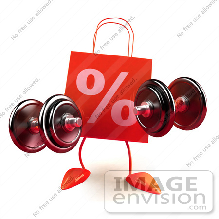#44425 Royalty-Free (RF) Illustration of a 3d Red Percent Shopping Bag Mascot Lifting Weights by Julos