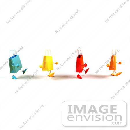 #44428 Royalty-Free (RF) Illustration of a 3d Line Of Waddling Colorful Shopping Bags - Version 2 by Julos