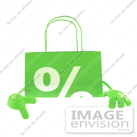 #44431 Royalty-Free (RF) Illustration of a 3d Green Percent Shopping Bag Mascot Pointing To And Standing Behind A Blank Sign by Julos