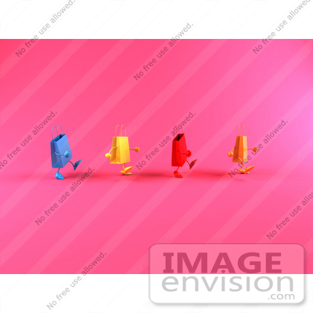 #44441 Royalty-Free (RF) Illustration of a 3d Line Of Waddling Colorful Shopping Bags - Version 1 by Julos