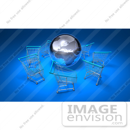 #44545 Royalty-Free (RF) Illustration of a 3d Globe Surrounded By Shopping Carts - Version 3 by Julos