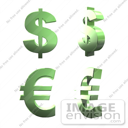 #44554 Royalty-Free (RF) Illustration of a Digital Collage Of 3d Green Chrome Euro And Dollar Signs by Julos