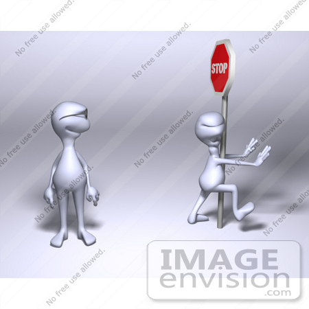 #44559 Royalty-Free (RF) Illustration of a 3d Human Like Character Watching Another Walk Into A Stop Sign by Julos