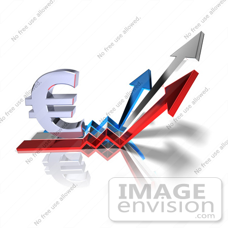 #44588 Royalty-Free (RF) Illustration of a 3d Euro Sign On Three Increase Arrows - Version 3 by Julos