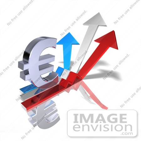#44589 Royalty-Free (RF) Illustration of a 3d Euro Sign On Three Increase Arrows - Version 1 by Julos