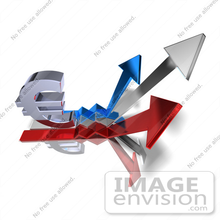 #44590 Royalty-Free (RF) Illustration of a 3d Euro Sign On Three Increase Arrows - Version 2 by Julos