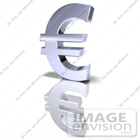 #44591 Royalty-Free (RF) Illustration of a 3d Chrome Euro Symbol On A Reflective White Surface - Version 1 by Julos