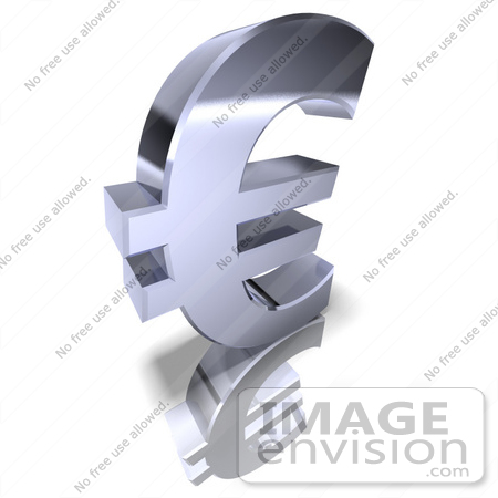 #44592 Royalty-Free (RF) Illustration of a 3d Chrome Euro Symbol On A Reflective White Surface - Version 2 by Julos