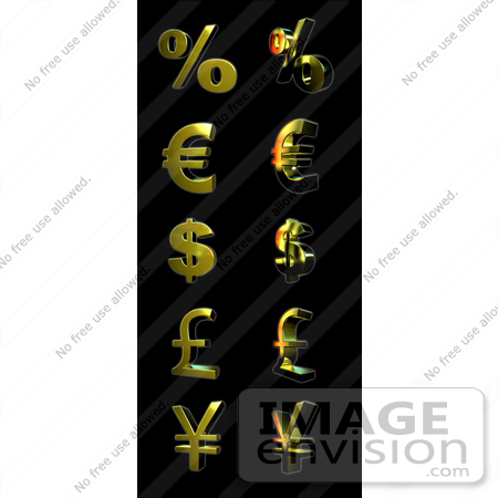 #44600 Royalty-Free (RF) Illustration of a Digital Collage Of 3d Golden Percent, Euro, Dollar, Pound And Yen Symbols by Julos