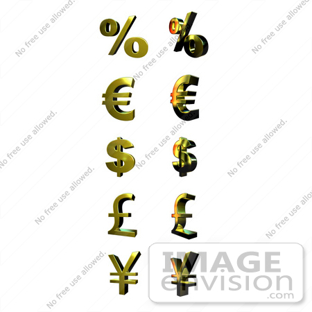 #44603 Royalty-Free (RF) Illustration of a Digital Collage Of 3d Gold Percent, Euro, Dollar, Pound And Yen Symbols by Julos