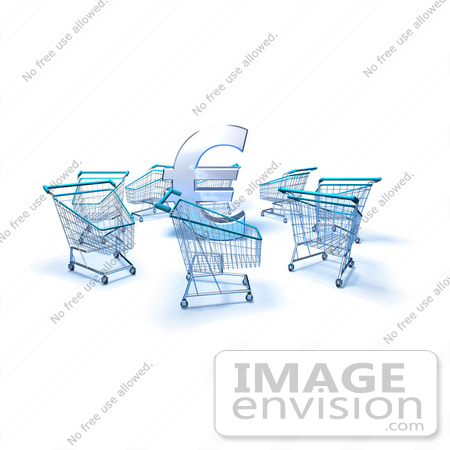 #44613 Royalty-Free (RF) Illustration of a 3d Euro Symbol Surrounded By Shopping Carts - Version 2 by Julos