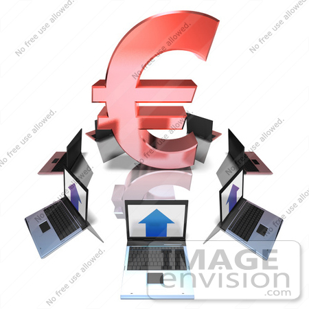 #44614 Royalty-Free (RF) Illustration of 3d Laptops Circling A Red Euro Symbol by Julos