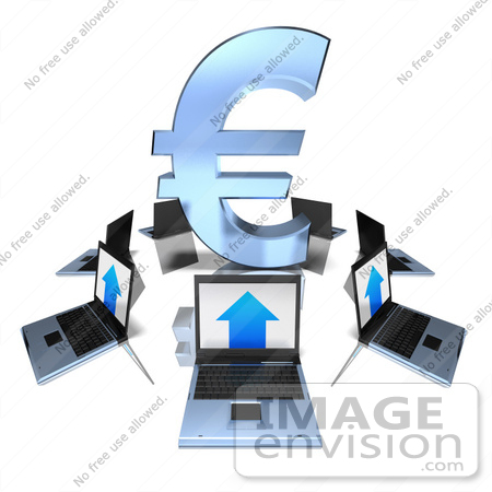 #44615 Royalty-Free (RF) Illustration of 3d Laptops Circling A Blue Euro Symbol by Julos