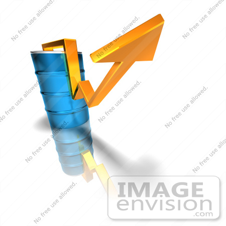 #44618 Royalty-Free (RF) Illustration of a 3d Yellow Arrow Going Around A Blue Oil Barrel - Version 1 by Julos