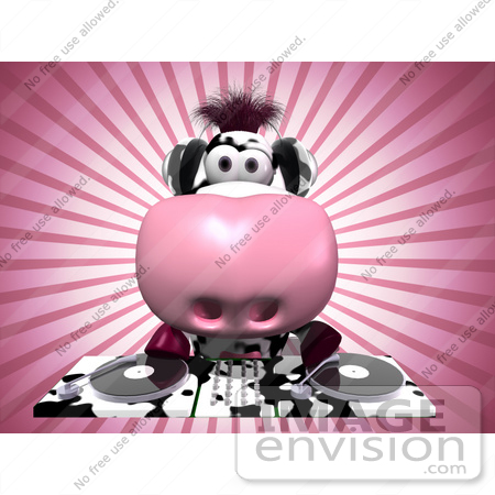 #44642 Royalty-Free (RF) Illustration of a 3d Dairy Cow Mascot DJ Playing Music - Version 1 by Julos