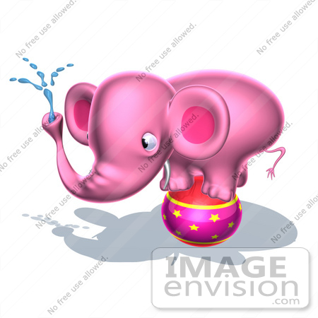 #44650 Royalty-Free (RF) Illustration of a 3d Pink Elephant Mascot Standing On A Circus Ball And Spraying Water - Pose 2 by Julos
