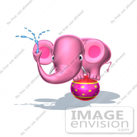 #44652 Royalty-Free (RF) Illustration of a 3d Pink Elephant Mascot Standing On A Circus Ball And Spraying Water - Pose 1 by Julos