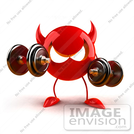 #44670 Royalty-Free (RF) Illustration of a 3d Red Red Devil Mascot Weight Lifting by Julos
