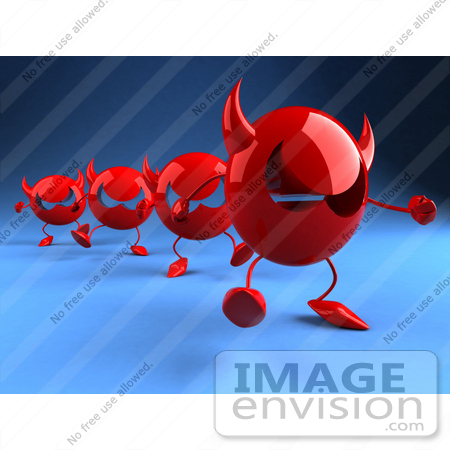 #44680 Royalty-Free (RF) Illustration of a Row Of Red 3d Devil Heads Walking In A Line - Version 4 by Julos